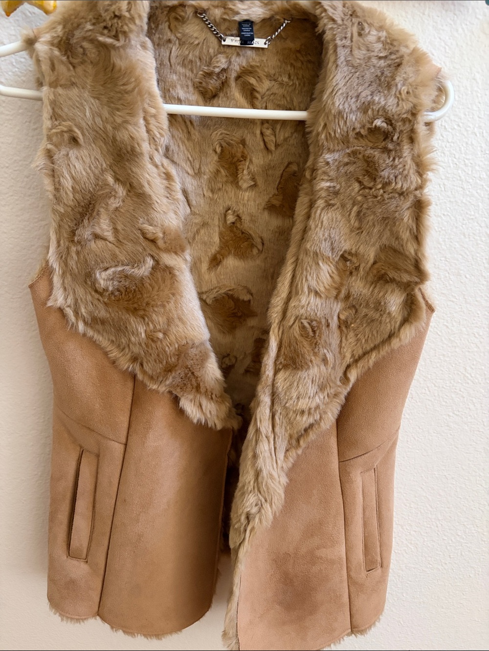 White House Black Market Camel Faux Fur Trim Vest